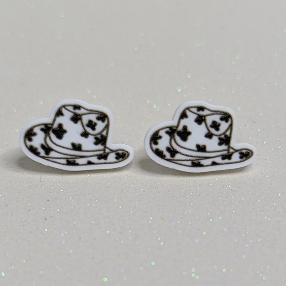 Jewelry - Cowboy hat cow print white and black acrylic stud earrings